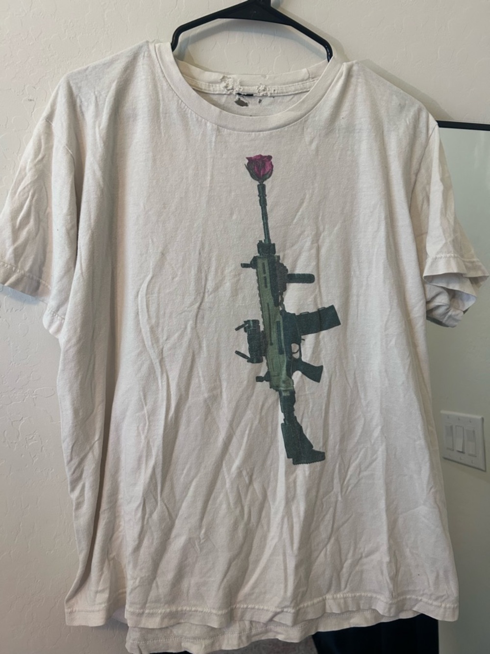 MGK- Machine Gun Kelley- White Graphic Tee with Rifle and Rose Print